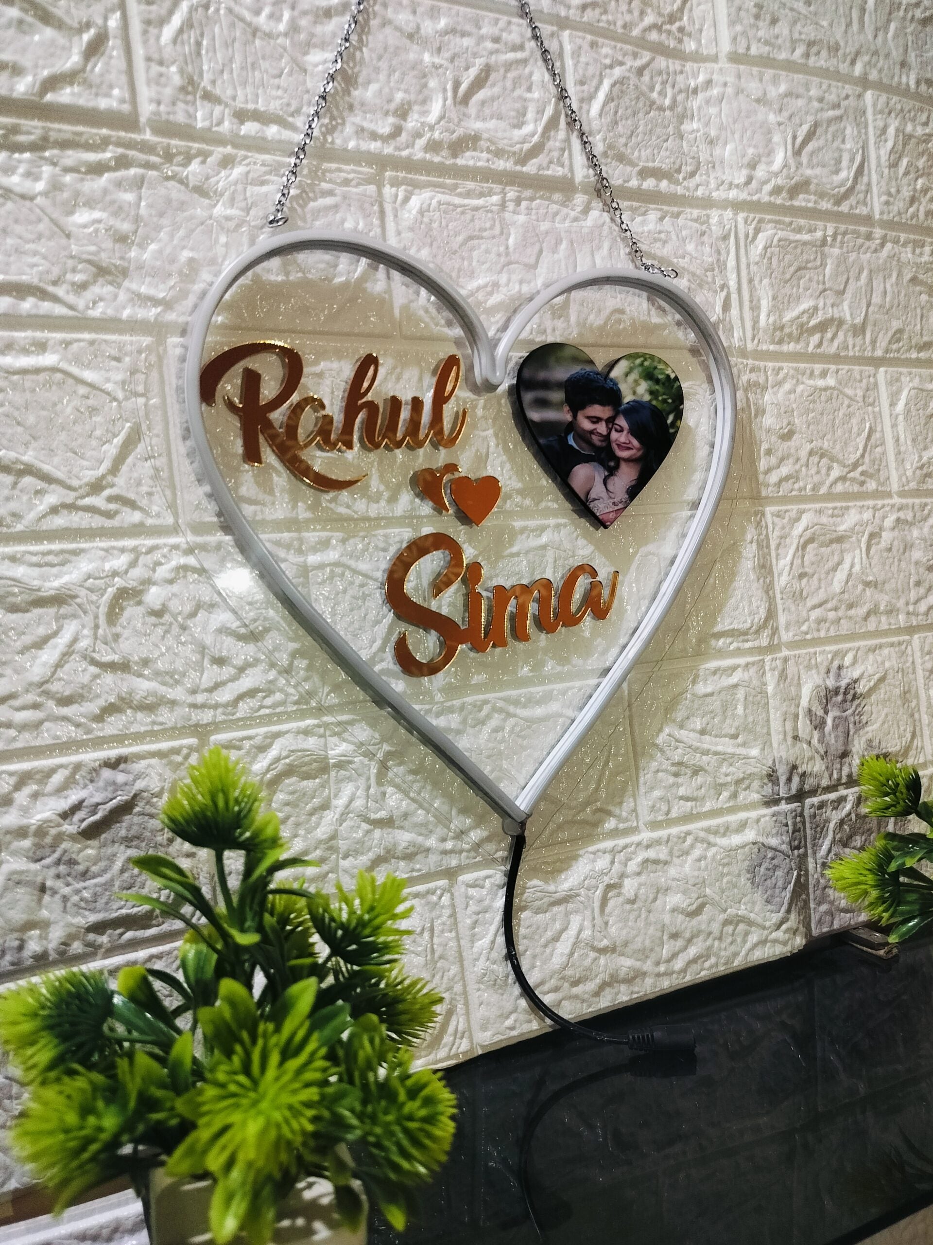 Personalized Couple Name with Heart Led Neon Sign and Photo | Decorative Lights for Wall Decor